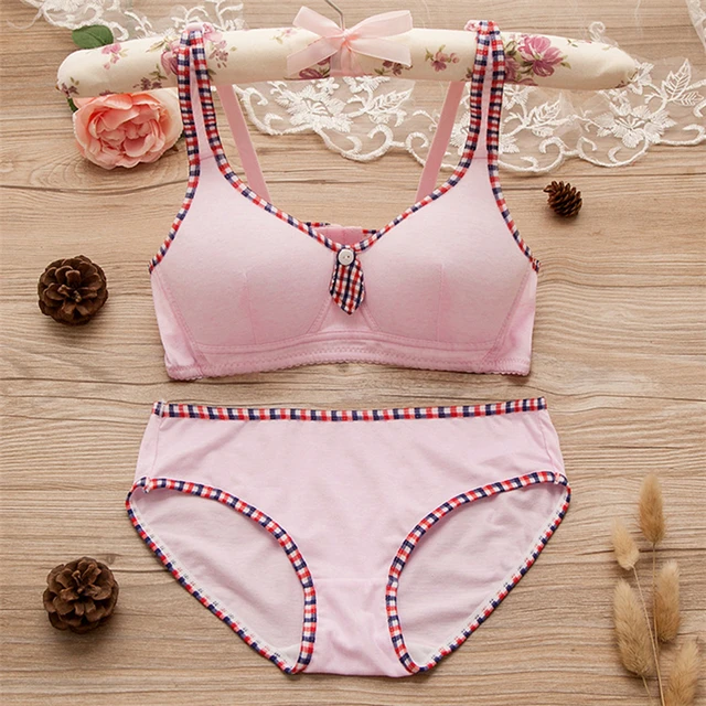 Teenage Girls Training Bras Set Stitching Plaid Young Student Cotton