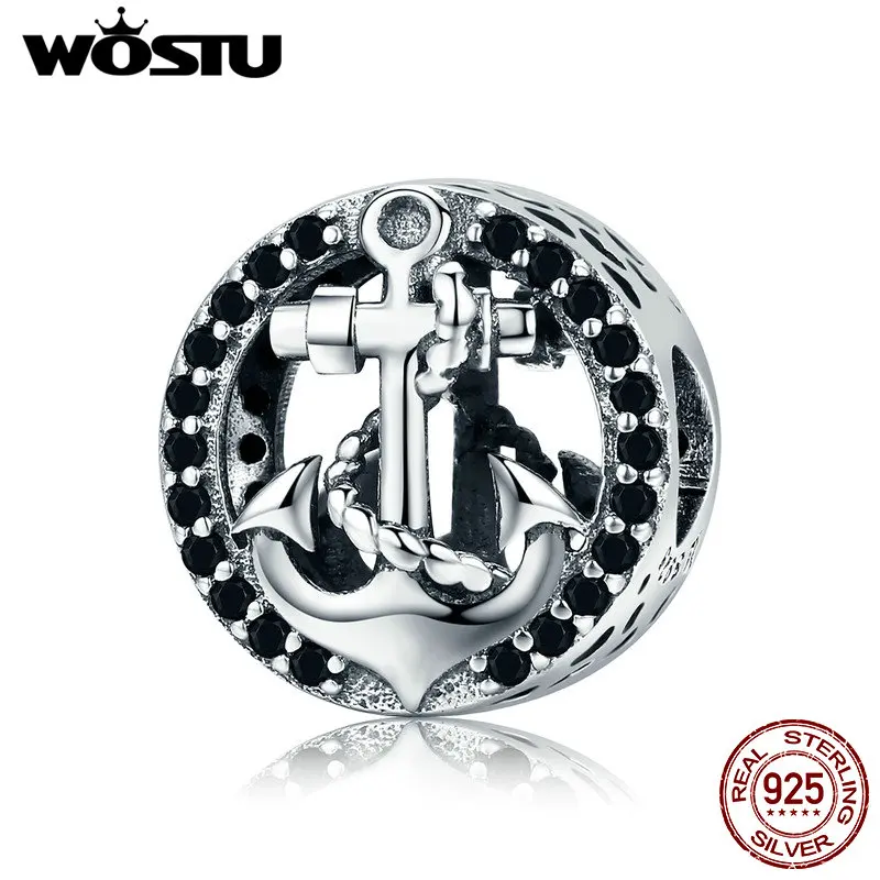 

WOSTU Hot Sale Real 925 Sterling Silver Black & Blue Crystal Anchor Openwork Beads fit Charm Bracelet DIY Jewelry CQC561