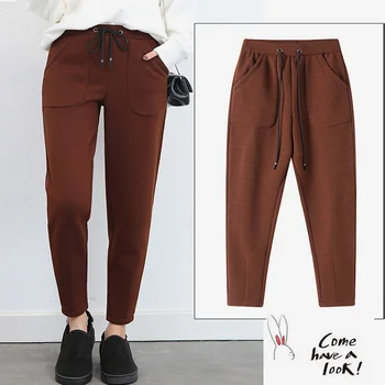 

Woolen Black Pencil Drawstring Women Pants 2019 Autumn Winter Lace-up Pockets Female Spliced Ankle Length Solid Trousers Ladies