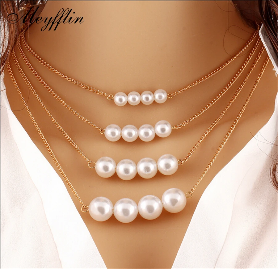 

2015 Trendy Multilayer Link Chain Necklace Alloy Plated Gold Big White Pearl Neckalces Fashion Jewelry Colar for Women Collares