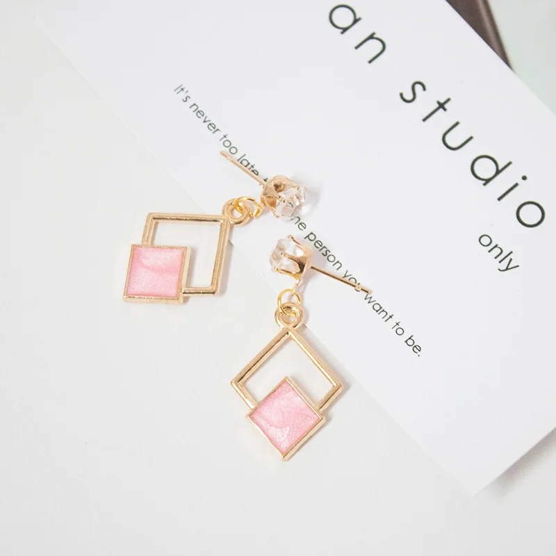 Hot New Fashion Hollow Geometric Quadrilateral Dangling Long Statement Drop Earrings For Women Crystal Jewelry Wholesale - Окраска металла: pink