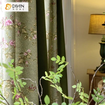 

DIHIN HOME Green Flower Printed Blackout Curtains Floral Cotton / Linen Curtain Drapes For Living Room 1 Panel