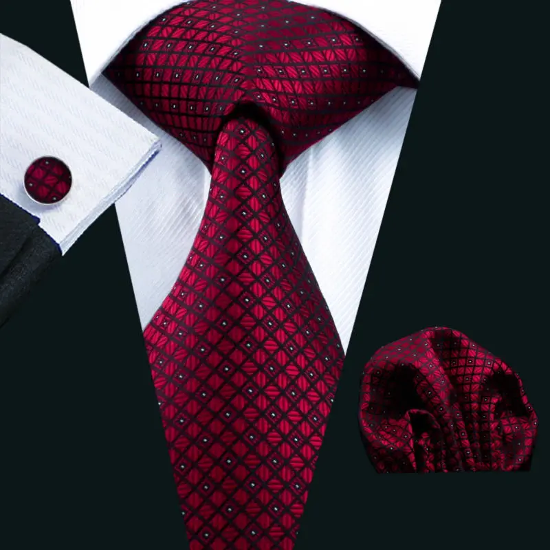 

LS-704 Men`s Tie 100% Silk Red Plaid Jacquard Woven Tie + Hanky + Cufflinks Sets For Formal Wedding Business Party Free Postage