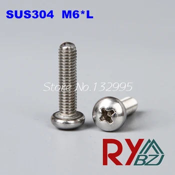 

50pcs/lot M6*L Length(L)=8~100mm Stainless steel A2 Pan Head Phillips Machine Screws SUS 304 DIN7985 M6*L