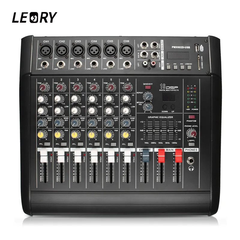 

LEORY6 Channels 300w Sound Audio Mixing Console Headphone Monitor Paths Plus Effects Audio DJ Mixer with USB For Bar KTV Party