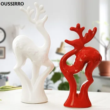 

OUSSIRRO 2Pcs/Set Jingdezhen Ceramic Sika deer Decoration Pottery living room Modern home Simple TV cabinet Christmas gift