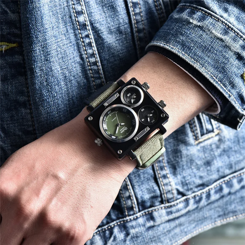 OULM Hot Sale Three Time Zone Men Watch Big Style Square Dial Fabric Strap Military Watches Men Lux