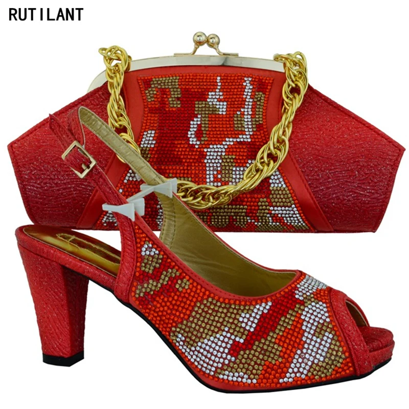 

New Red Color Italian Shoes with Matching Bags High Quality Nigerian Wedding Shoes with Bag Set Woman Italian Shoes and Bags Set