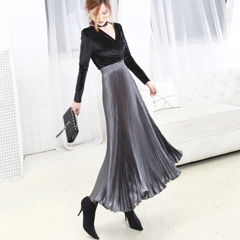 

Woman Vintage Silver Golden Metallic Feel Solid Long Pleated Skirts High Waist