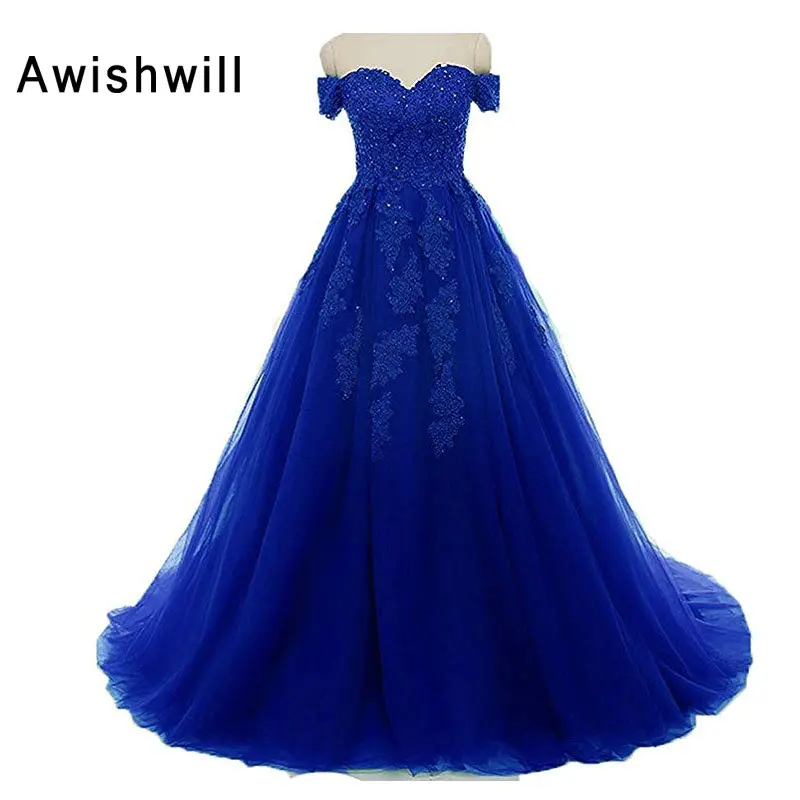 

Elegant Long Evening Gowns Off Shoulder Applique Beaded Tulle Women Prom Dress Vestidos de Fiesta Largos Elegantes de Gala 2019