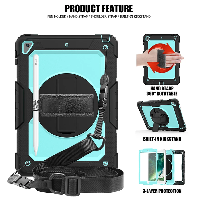 

Silicon+PC Swivel Shockproof Case with Shoulder Hand Strap for Apple iPad Air 2 iPad 9.7 2017 2018 Tablet Universal+ Stylus