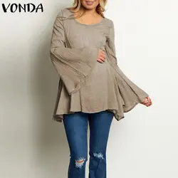 VONDA Для женщин блузки рубашки 2019 Осень пуловеры Sexy с круглым вырезом рукава-клеш Винтаж Повседневное свободные сплошной плюс Размеры Blusas