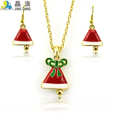 Christmas Decoration Jewelry Sets Fashion Red Enamel Christmas Hat Gold Plated Earrings Necklace For Women Sets