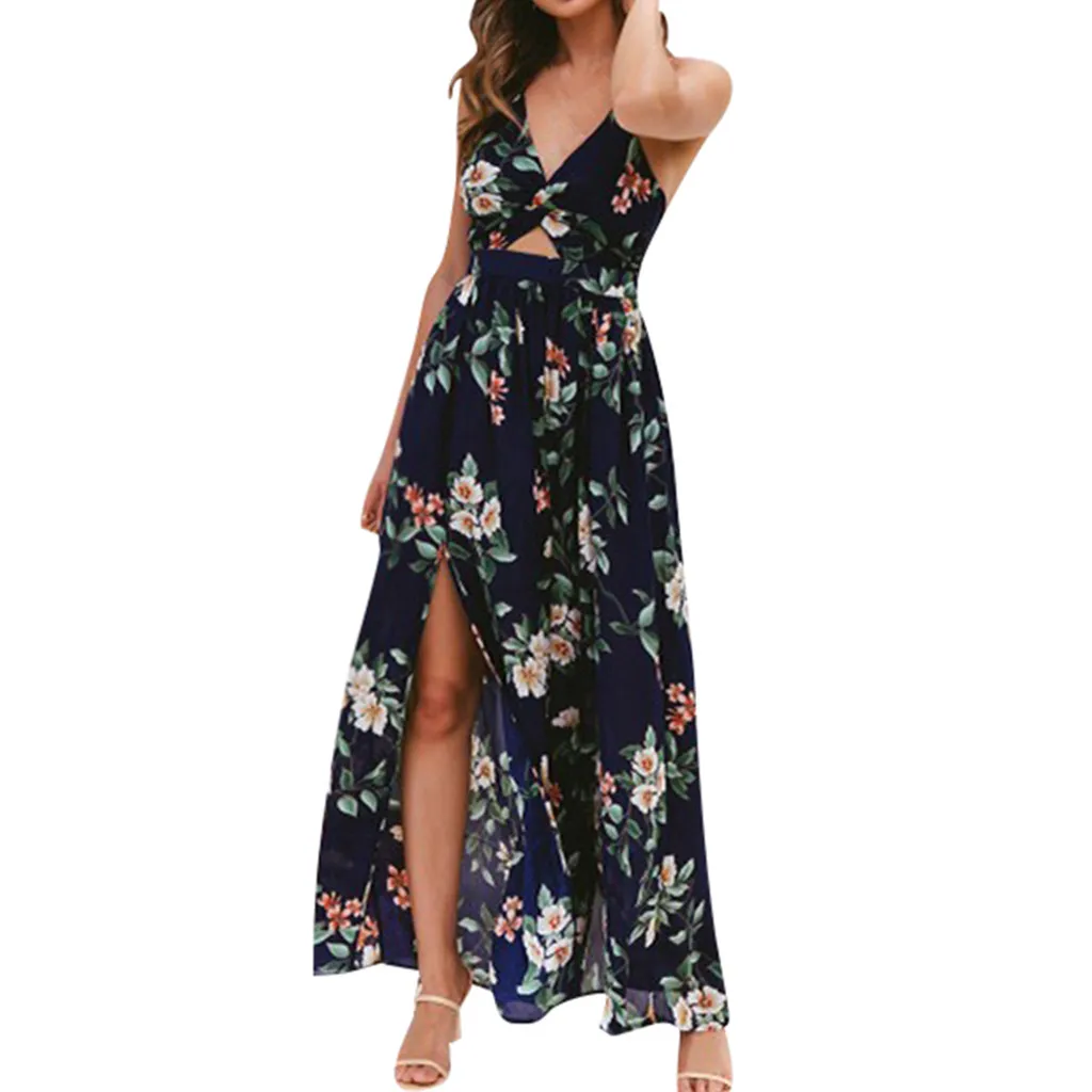 

Feitong Floral Print Long Dress Women Sexy Bandages Backless Summer Boho Dresses Sleeveless Beach Party Maxi Dress Vestidos