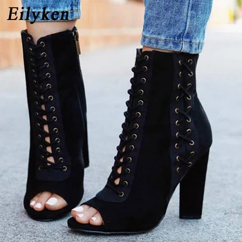 

Eilyken Women Spring Ankle Boots Lace Up Flock Square Heels Western Autumn Stiletto High Heels Peep Toe Boots Sandals size 35-40