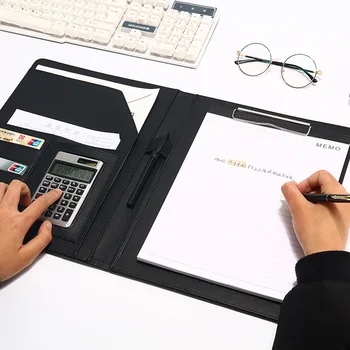 

A4 Leather Padfolio Folder for Documents Multi-function School Office Organizer Stationery Manager Writing Pads Portfolio HJW315