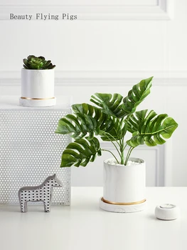 

Direct sales Nordic marble pattern plating pots home decorations ceramic vase with tray flower arranger desktop furnishings