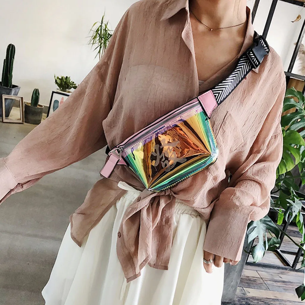 

Holographic PINK Pack laser belt bag Reflective waist bag Pu purse Chest Phone Pouch Travel Silver Waist Packs Leg Bag new