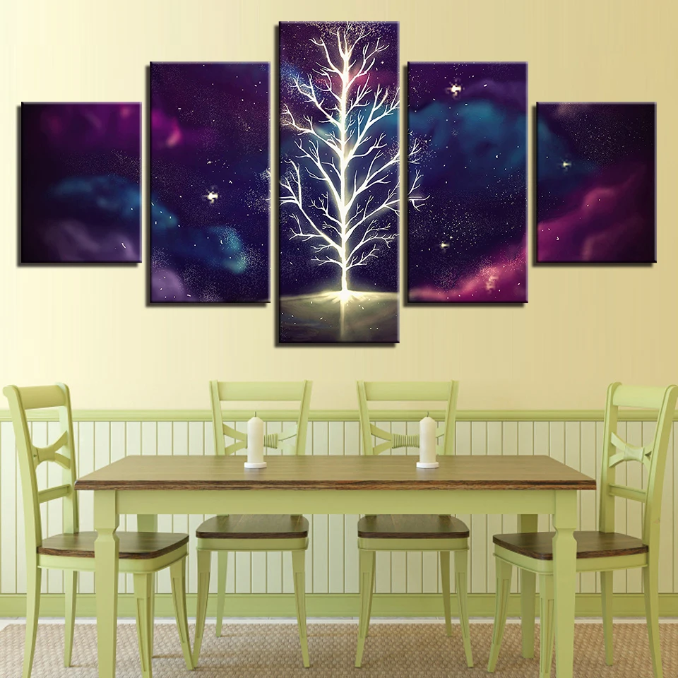 

Poster HD Printed Canvas Paintings 5 Pieces Glowing Trees Color Sky Abstract Night Scene Pictures Modular Decor Bedroom Wall Art