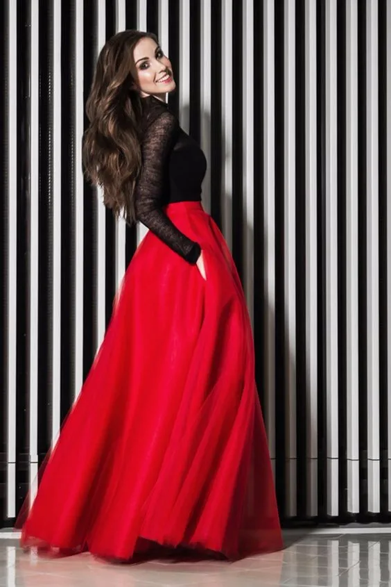 Привлекательные красные длинные тюлевые юбки, изготовленные на заказ длина до пола Модные женские юбки с карманами макси юбки для вечеринок
