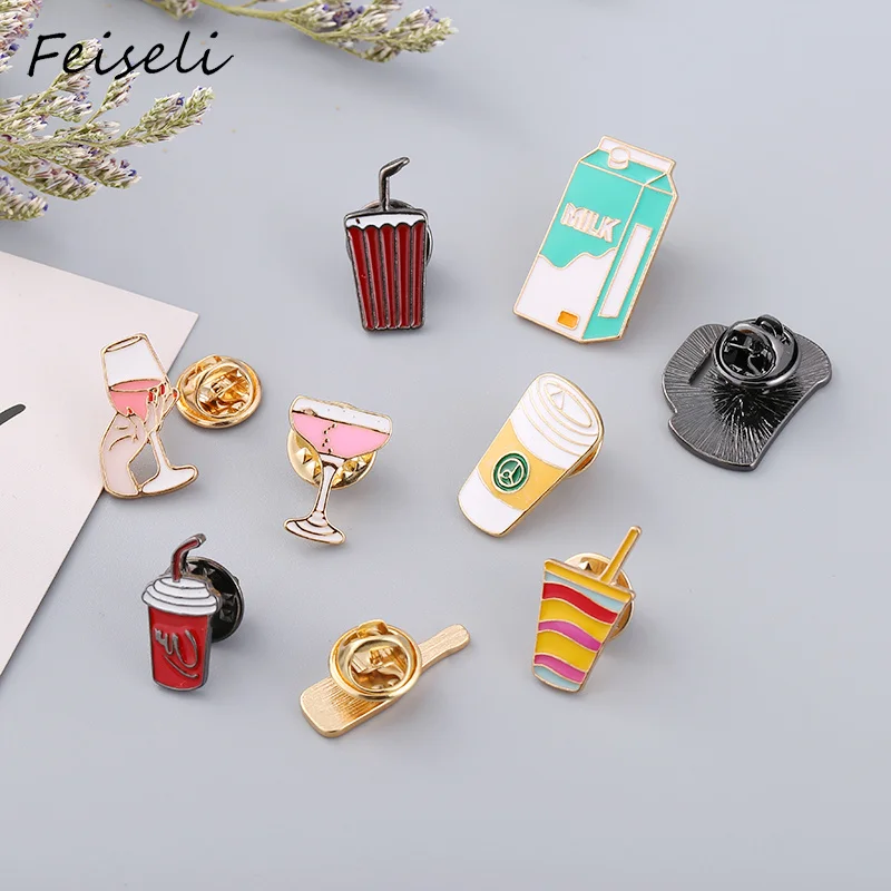 

Feiseli Enamel Coffee Bottle Wine Glass Milk Shaped Metal Badge For Ladies Creative Brooch Pins Corsage Fashion Jewelry