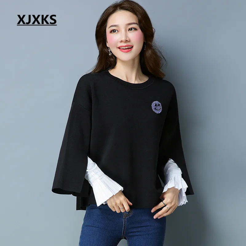 

XJXKS Blends Patchwork Flare Sleeve Women Sweaters Fashion 2018 Spring Ladies Streetwear Pullover Short Sweater