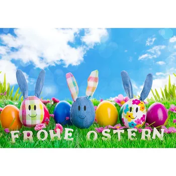 

MEHOFOFO Easter Eggs Rabbit Puppet Flower Blue Sky Baby Photography Background Customized Photographic Backdrop for Photo Studio