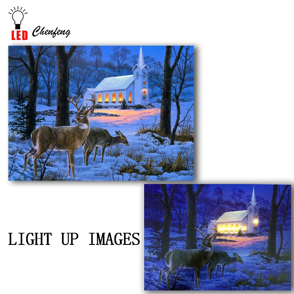 Lighted canvas print Deer Snow with Church village night Led oil