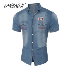 LANBAOSI мужские повседневные синие джинсы рубашки деним мода классический летний узкий, с короткими рукавами рубашка мульти карман Camisas Chemise Топы