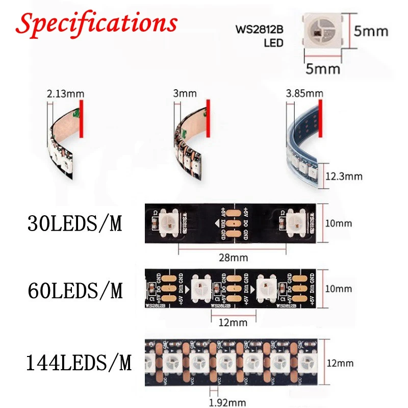 DC5V 1 м 2 м 3 м 4 м 5 м WS2812B WS2812 Светодиодная лента, индивидуально Адресуемая умная RGB Светодиодная лента, водонепроницаемая IP30/65/67 черная/белая печатная плата