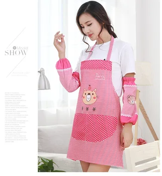 

1SET Cute Bib Apron Dress Bear Apron 2 Pocket with Cuff Waterproof Anti-oil Aprons Kitchen Cooking Waist Bib for Women ND 011