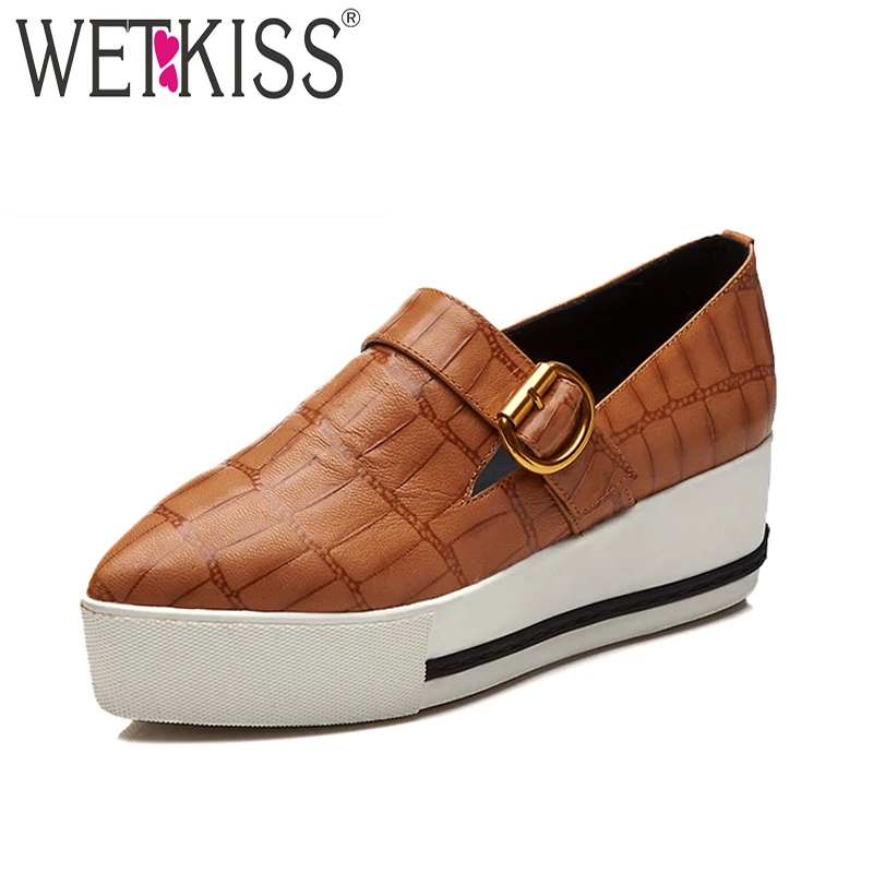 

WETKISS Printing Spring Casual Women Flats Platform Pointed Toe Footwear 2019 New Genuine Leather Fashion Girl Loafers Shoes
