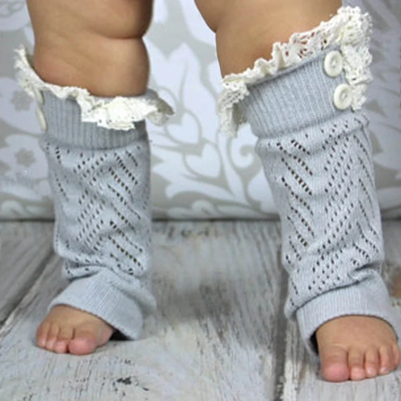 Модные зимние теплые гетры для маленьких девочек с кружевной отделкой и пуговицами, вязаные сапоги, манжеты, Новорожденные малыши, высокие сапоги до колена, носки гетры - Цвет: LGY