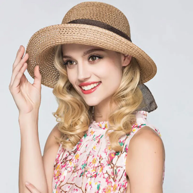 khaki Летние Шапки для Для женщин складной пляжный соломы Sunbonnet широкие свисающие поля шляпа пляжный отдых Стиль соломенная шляпа Femme - Цвет: khaki