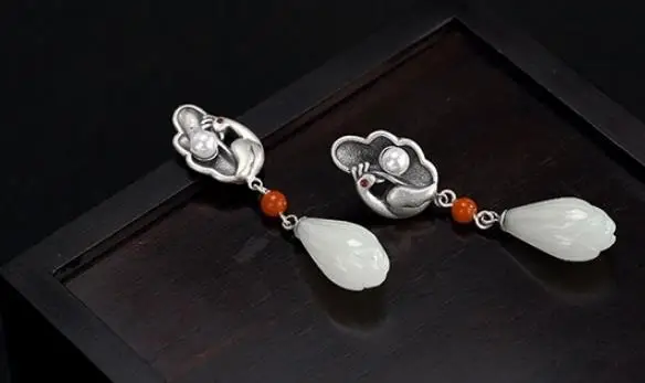 

Sterling S925 925 silver Drop Earrings phoenix Magnolia natural stone vintage trendy for woman earring 47MM