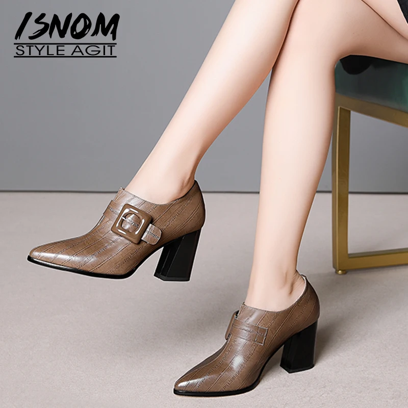 ISNOM 2019 Spring Women Pumps Pointed Toe Cross Tied Footwear Emboss Genuine Leather Lady Shoes Fashion High Heels Shoes Woman
