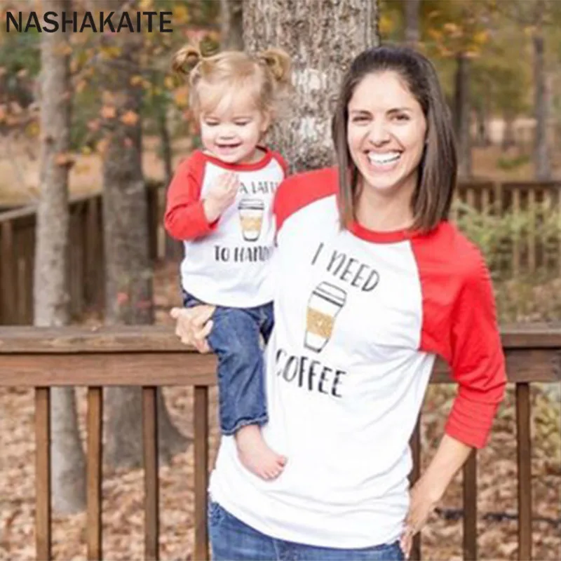 

NASHAKAITE Mommy and me clothes Letter"I need coffee" Long Sleeve Autumn tops family t shirt Mom Son Daughter Matching Clothes