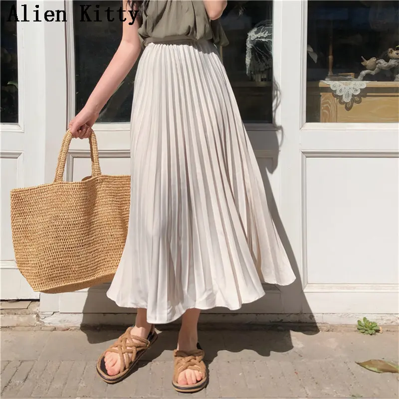 

Alien Kitty Stylish 2019 Summer New Pleated Sweet Casual Elegant Empire Solid Simple Fresh Mid-Calf Skirts 2 Colors Plus Size