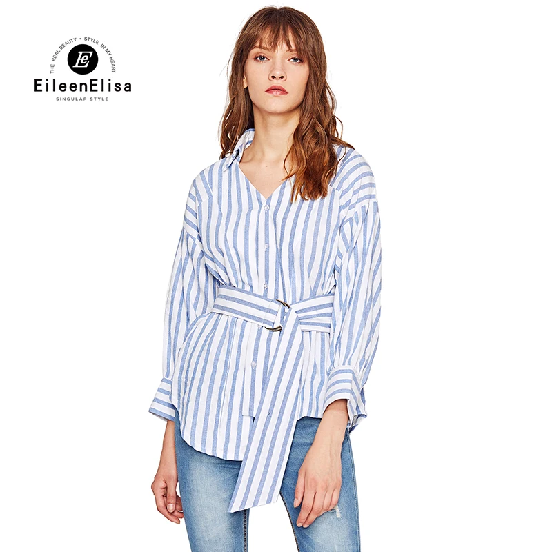 

Eileen Elisa Blue Blouses Women 2018 Casual Striped Women Shirt Top front Button Blouse With Belt