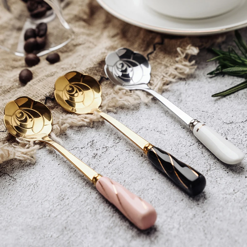 

3PCs Set Creative Stainless Steel Coffee Spoon With Ceramic Handle Ice Cream Dessert Tea Honey Cappuccino Jelly Stirring Scoop