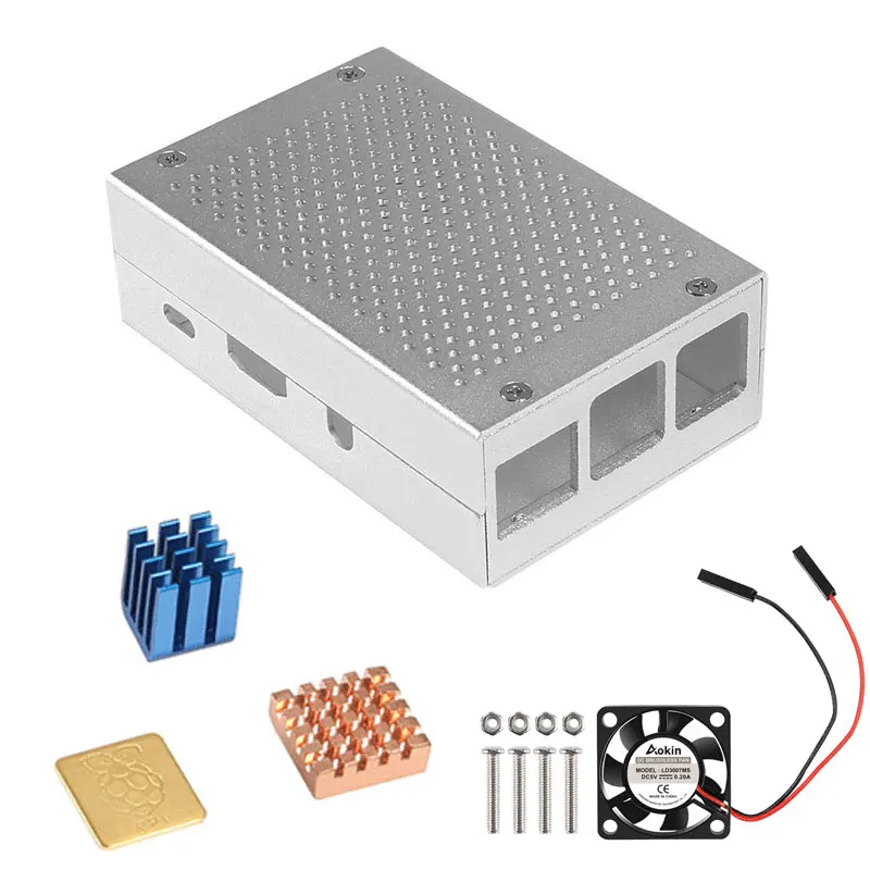 Алюминиевый Чехол, серебристый металлический чехол+ 5 В/3,3 В охлаждающий вентилятор с винтами+ теплоотвод, комплект корпуса для Raspberry Pi 3 Model B - Цвет: as picture