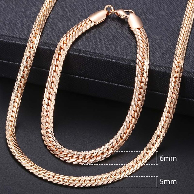 Women's Jewelry Sets 585 Rose Gold Bracelet Necklace Set Double Curb Cuban Weaving Bismark Chain 2021 Wedding Gift KCS04
