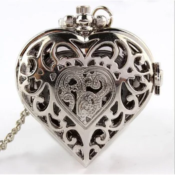 

New Fashion Hollow Heart-Shaped Pocket Quartz Watch Necklace Pendant Chain Men Women Gift
