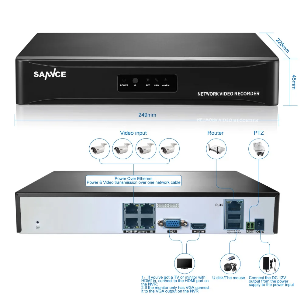 SANNCE 4CH NVR 960 P Ip сети PoE Видео Запись 1.3 М ИК открытый CCTV Камеры Системы Безопасности