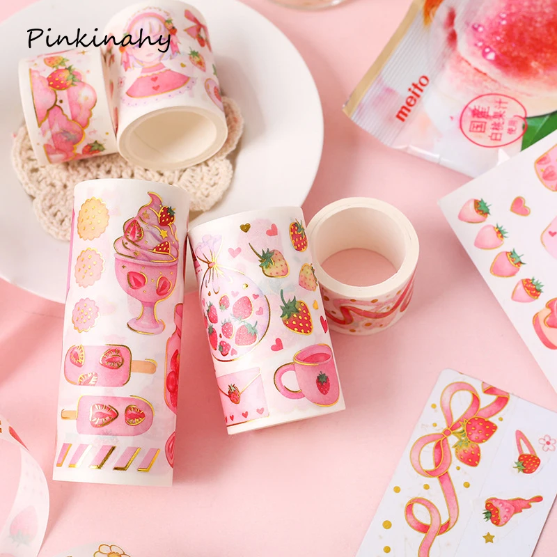 Cute Strawberry Party Series Bullet Journal gold Washi Tape Decorative Adhesive Tape DIY Scrapbooking Sticker Label Stationery