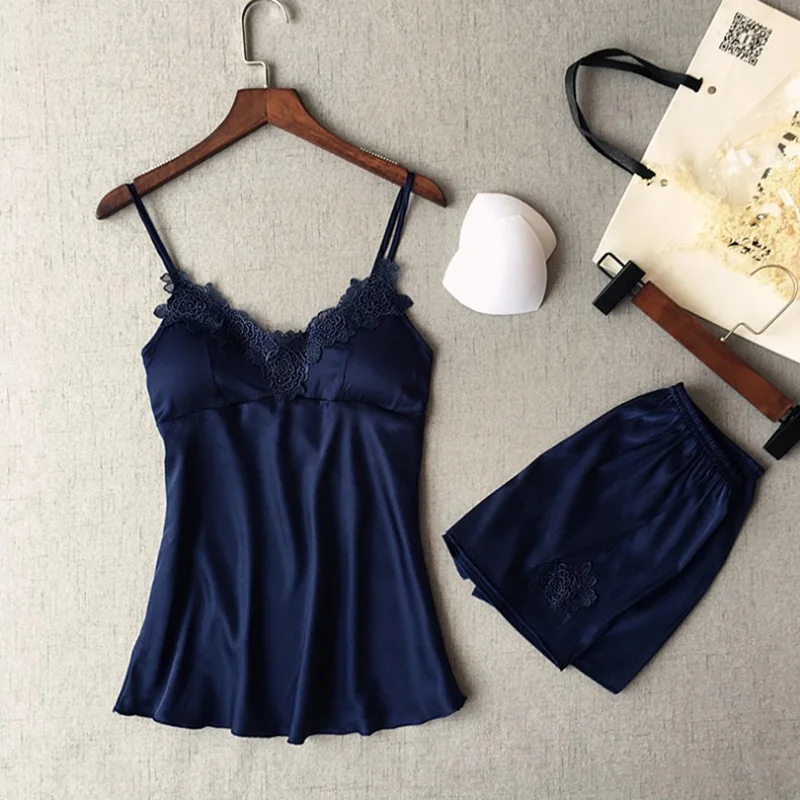 

Two Piece Set Women Sleepwear Silk Pajamas Sexy Chest Pad Nightwear Women 2019 Summer Lace Homewear Women Lingerie nightgown