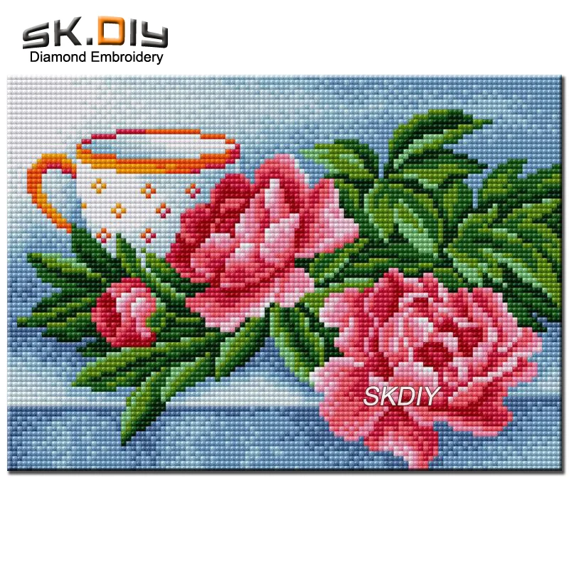 SK DIY 5D diamond mazayka красные пионы цветы чашки алмаз живопись с вышивкой горный