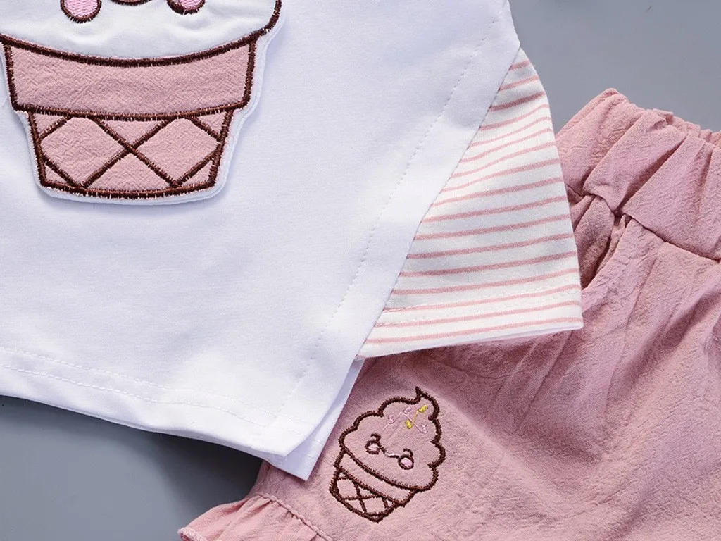 Летние комплекты одежды для девочек; хлопковые топы с рюшами и рисунком мороженого и вишни для маленьких девочек; однотонные штаны; брюки; комплект одежды для маленьких девочек