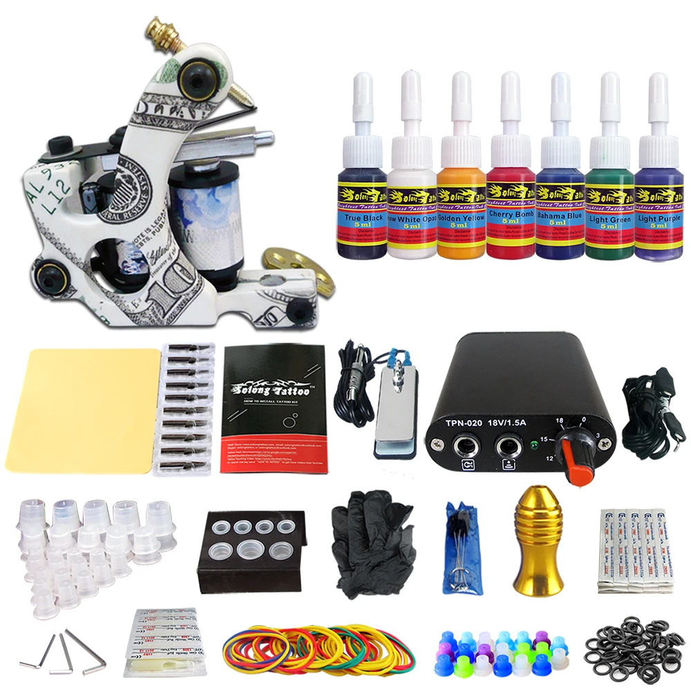 

Solong Tattoo Complete Beginner Tattoo Kit 1 machine Gun 7 Color Inks Power Supply Grips Foot Petal Needles Set TK105-33
