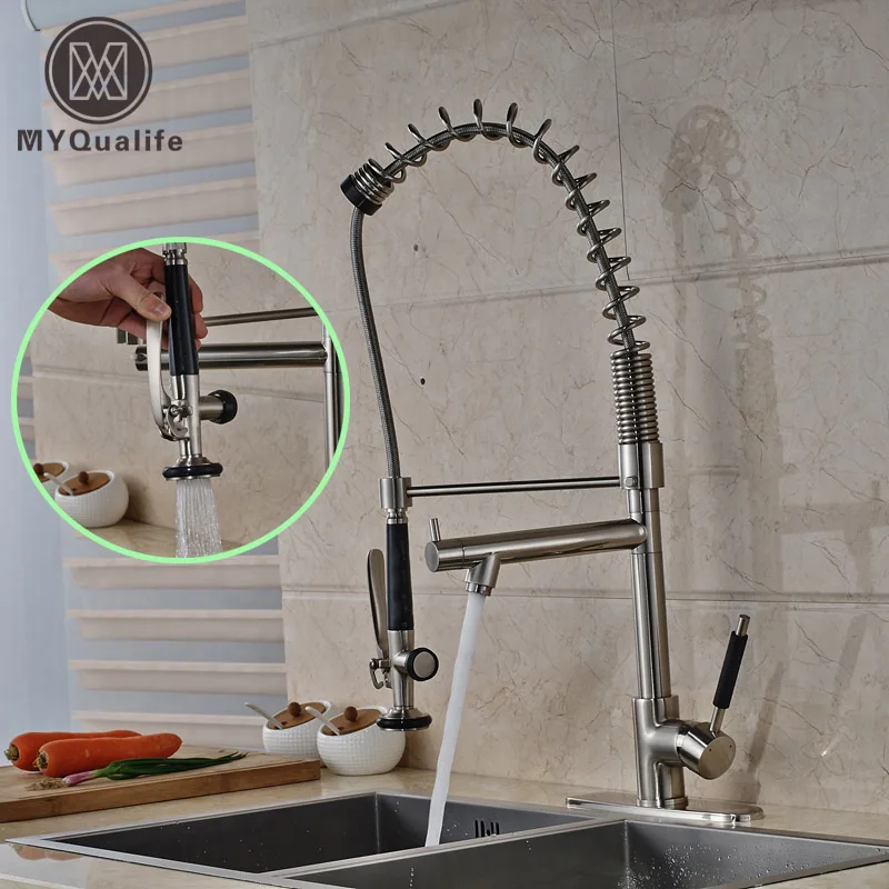 

Single Handle Spring Pull Down Kitchen Sink Faucet Brushed Nickel Swivel Two Spout Kitchen Mixers with Hole Cover Plate